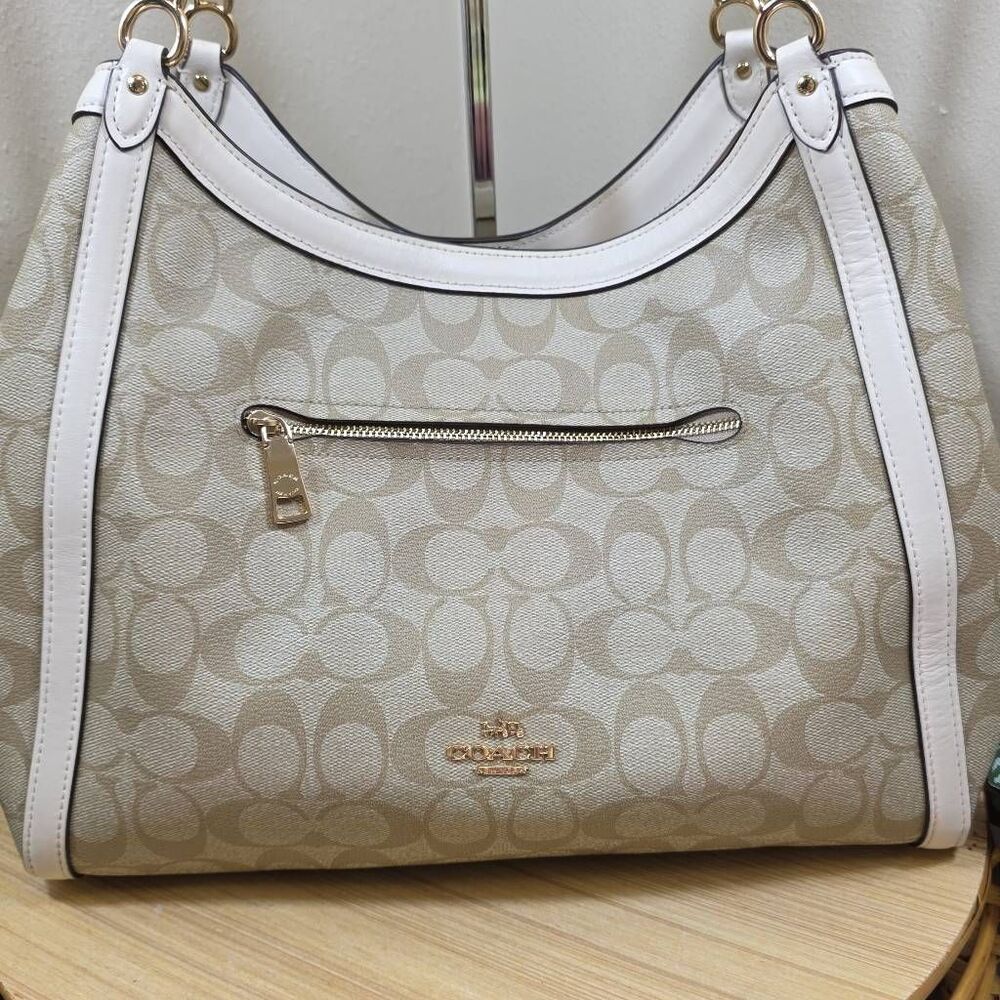 Coach Kristy Signature Hobo Shoulder Bag | Light Khaki Coated Canvas & Chalk Lea - Picture 2 of 14